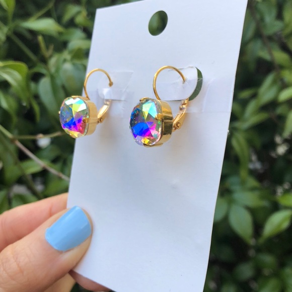 Aurora Borealis Cushion Cut Crystal Drop Earrings - Picture 5 of 7